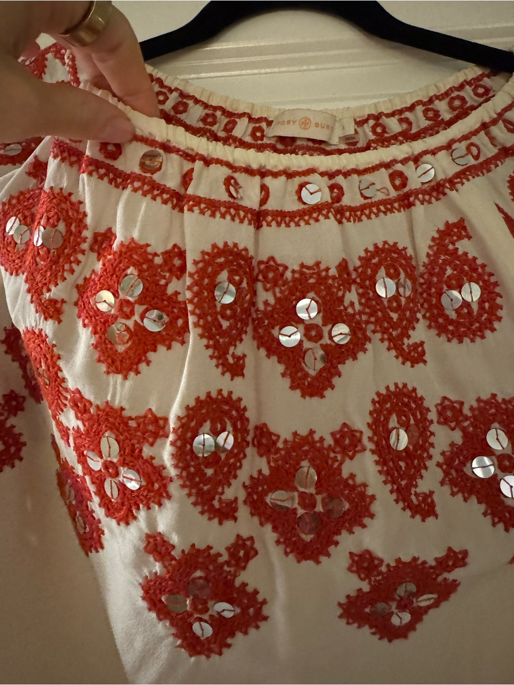 Tory Burch Cream Blouse with Red Embroidered Yoke - Picture 9 of 9